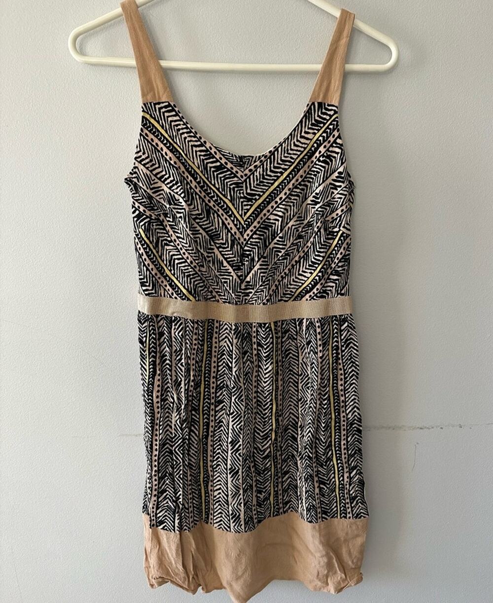Loft Dress Women's 2 Tribal Boho Sleeveless Beige Black Mini Babydoll